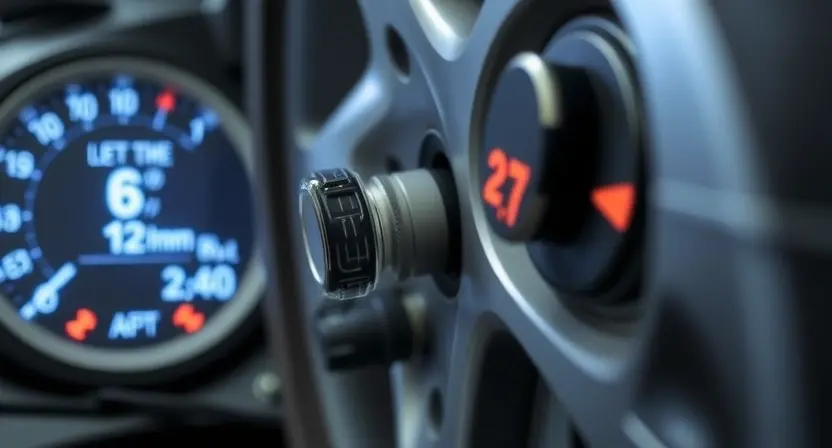 A close-up of a car tire pressure monitoring system sensor on a tire valve stem, with a digital dashboard display showing a warning light for low tire pressure, set in a garage environment with soft lighting, focusing on technical details and preventive maintenance theme