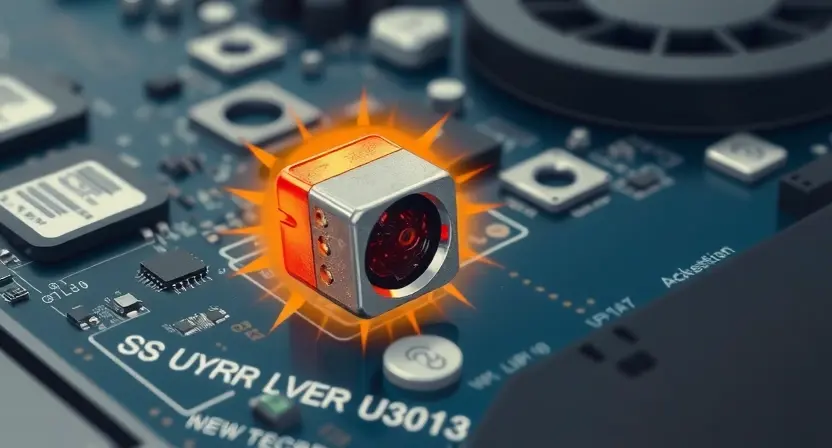 A close-up of a laptop motherboard showing a highlighted U3013 connector with visible signs of overheating such as discoloration or scorch marks, surrounded by subtle heat wave effects to indicate thermal issues, clean technical illustration style