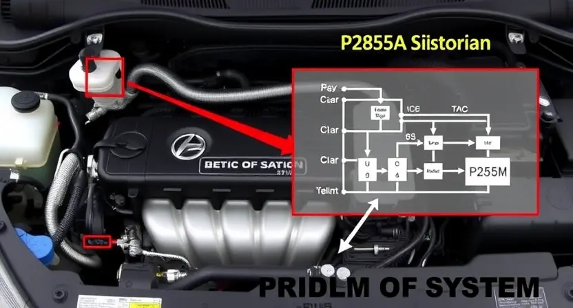 A detailed visual inspection of a car's engine bay, focusing on components related to the P285A error code. Show close-ups of sensors, wiring, and potential problem areas. Include a schematic diagram overlay showing the affected system.