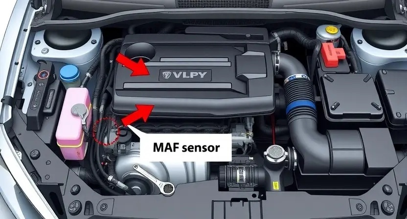 A detailed illustration of a car engine bay with a focus on the mass airflow sensor (MAF sensor). The MAF sensor should be clearly visible, with arrows pointing to its location and surrounding components. Include a wrench and diagnostic tool nearby, suggesting troubleshooting. The engine bay should be clean and well-lit, emphasizing technical precision.