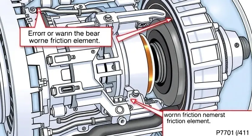 A detailed illustration of a transmission system with a worn friction element, highlighting the P2701 error code. Include visual cues representing the wear and tear on the friction element, such as scoring or uneven wear. The background should be a clean, technical environment.