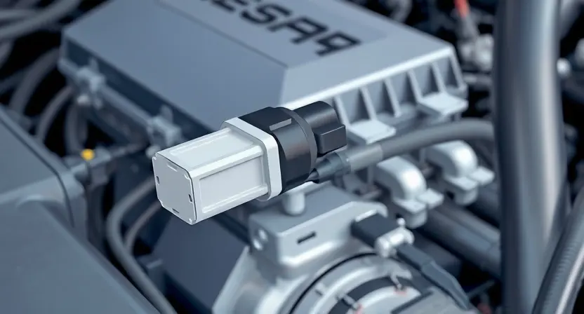 A close-up, detailed illustration of an engine bay with a focus on the mass airflow sensor (MAF sensor). The sensor should be clearly visible, along with the wiring harness connected to it. The background should show other engine components, but the MAF sensor should be the central element. The lighting should be bright and highlight the sensor's details.