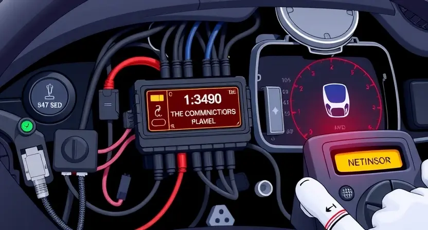 A detailed technical illustration of a car's electronic control module with a warning light indicating loss of communication with the instrument panel, showing wiring harnesses and diagnostic tools, clean and professional visual style