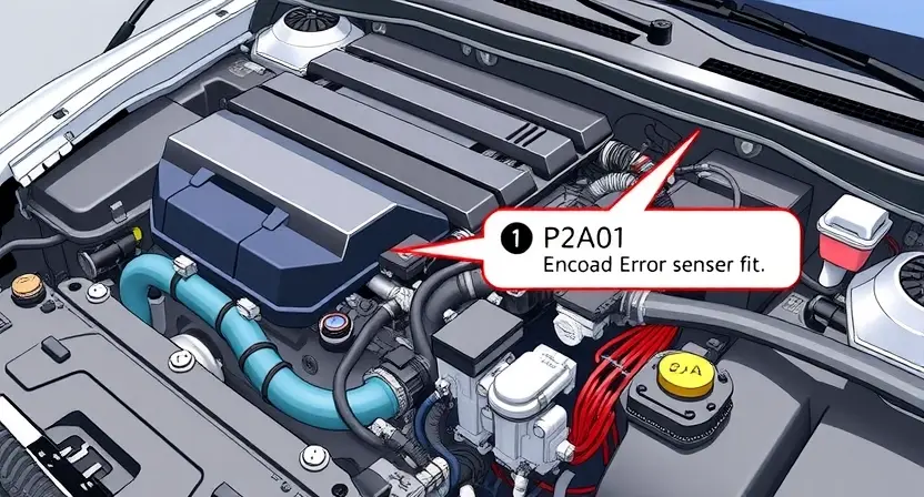 A detailed illustration depicting a car engine with a highlighted error code P2A01. The engine should be partially disassembled, showing various components like sensors, wires, and hoses. Focus on the area related to the error code. The background should be a clean, technical workspace.