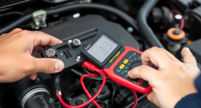 A detailed close-up view of a car engine compartment with a focus on the pre-heating relay. The relay should be clearly visible with its connections and surrounding components. The image should depict a professional mechanic inspecting the relay with a multimeter, indicating a diagnostic process. The background should include other engine parts and wiring to provide context.