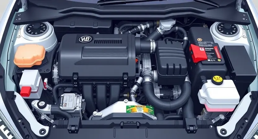 A detailed illustration of a car engine bay with various components clearly visible, focusing on the fuel system and related sensors. The image should depict a clean, well-lit engine bay with a slightly angled perspective to showcase the complexity of the system.