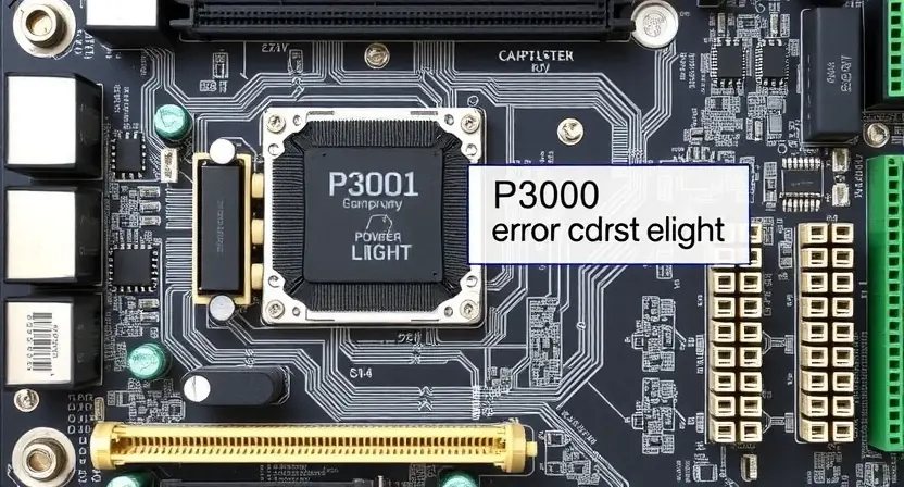 A detailed schematic diagram of a computer motherboard, highlighting the P3000 error indicator light. Focus on the components related to power supply and chipset. The image should convey technical precision and clarity, suitable for a repair manual.