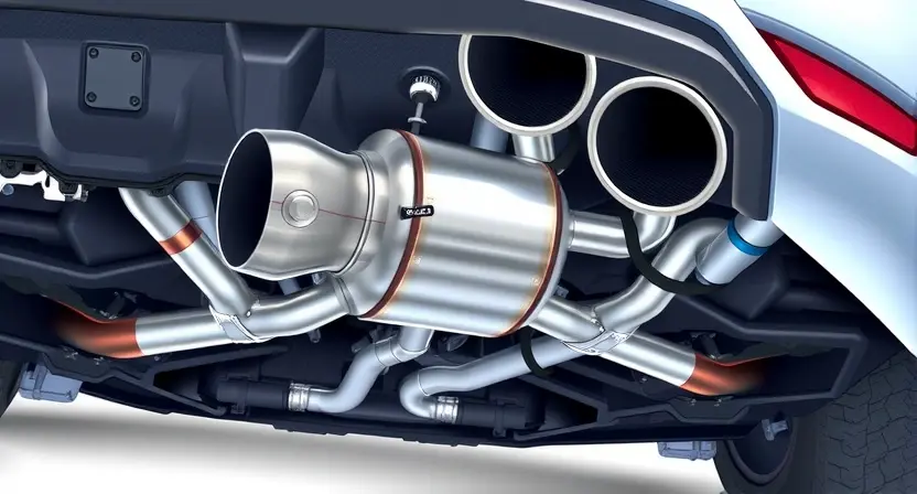 A detailed illustration of a car's exhaust system, specifically focusing on the catalytic converter area. The image should highlight the internal components of the converter and the exhaust flow after it. The overall aesthetic should be technical and informative, resembling a diagram or schematic. Focus on the metallic textures and the intricate structure of the catalytic converter.