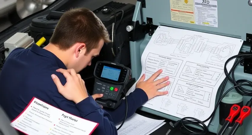 A professional automotive repair scene showing a technician diagnosing a vehicle's Body Control Module (BCM) with a diagnostic scanner, surrounded by automotive tools and wiring diagrams, emphasizing electrical connections and fault resolution