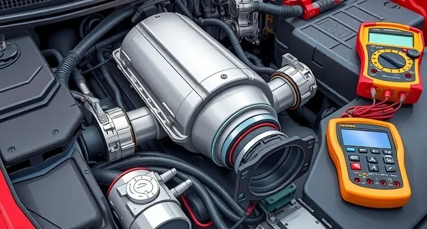 A detailed illustration of an automotive engine bay with a focus on the catalytic converter and associated wiring. The catalytic converter should be clearly visible, and the wiring connected to it should be highlighted. Include diagnostic tools like a scan tool and a multimeter in the background. The overall scene should convey a sense of technical inspection and repair.