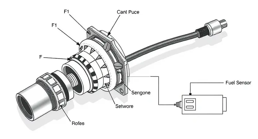 A detailed illustration of a fuel system sensor, highlighting its components and connections. The sensor should be depicted in a technical drawing style, with clear labels for each part. Include a schematic diagram showing the sensor's wiring and its connection to the engine control unit (ECU). The background should be a clean, white surface.