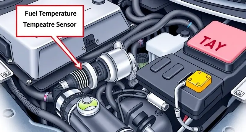 A detailed illustration of an engine bay with a focus on the fuel temperature sensor. The sensor should be clearly visible, connected to wiring, and integrated into the engine's components. Include visual cues indicating a potential malfunction, such as a slightly discolored sensor or a nearby warning light. The background should be slightly blurred to emphasize the sensor.