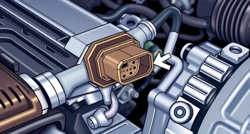 A close-up, detailed illustration of an engine bay with a focus on the mass airflow sensor (MAF sensor) and its wiring harness. The sensor should be clearly visible, along with the surrounding components like intake manifold and air filter housing. Highlight a loose or corroded connection point on the wiring. The overall lighting should be bright and realistic, showcasing the metallic and plastic textures of the engine components.