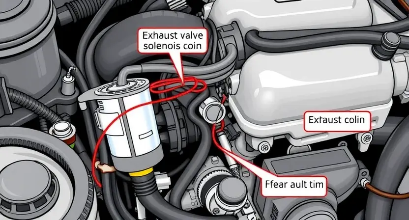 A detailed technical illustration of a car engine showing the exhaust valve solenoid coil and its wiring, with clear labels indicating a fault in the circuit, rendered in a clean, high-quality technical diagram style