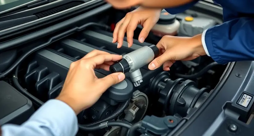 A close-up, detailed image of a car's engine bay with a mechanic inspecting the mass airflow sensor. The sensor should be clearly visible, and the mechanic should be wearing professional attire. Focus on the sensor and the surrounding engine components.