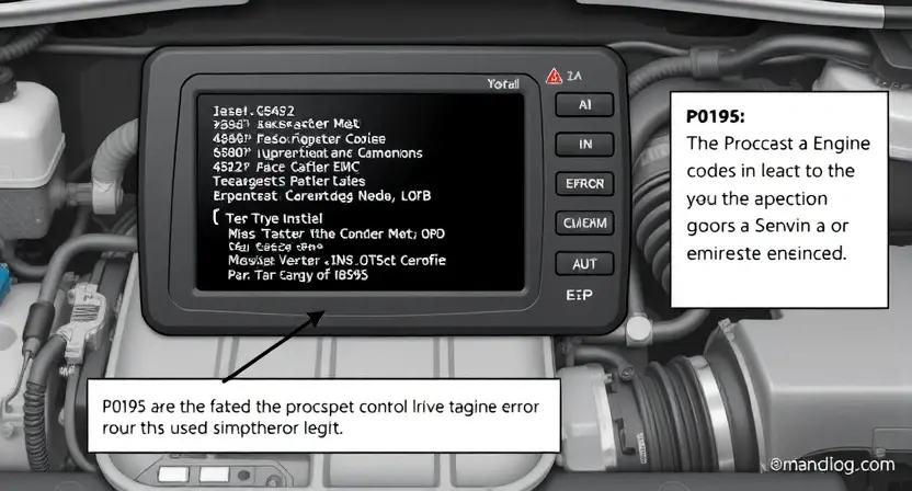 A detailed illustration of an engine control unit (ECU) with various diagnostic codes displayed on a screen. The engine bay should be visible in the background, showing a portion of the engine and related components. Focus on the visual representation of the P0195 error code and its associated information.