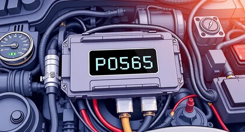 A detailed illustration of an automotive engine control unit (ECU) with a diagnostic code P0565 highlighted. The ECU should be surrounded by various automotive components like sensors, wiring harnesses, and a dashboard. The image should convey a sense of technical complexity and precision.