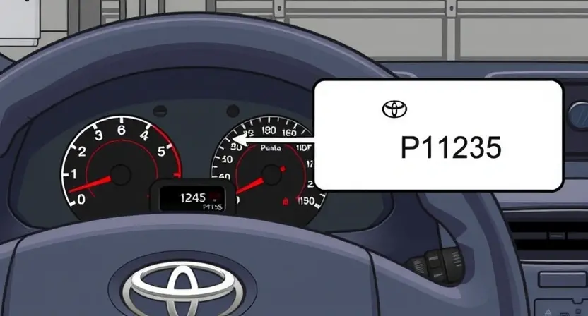 A detailed illustration of a Toyota vehicle displaying a diagnostic error light on the dashboard. The image should focus on the dashboard area, clearly showing the error light and potentially a display indicating the P1135 code. The car should be parked in a garage setting.
