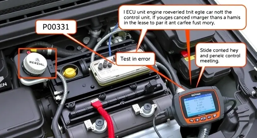 A detailed illustration of a car's engine control unit (ECU) with various diagnostic tools connected, highlighting the P0531 error code. Focus on the electronic components and wiring.