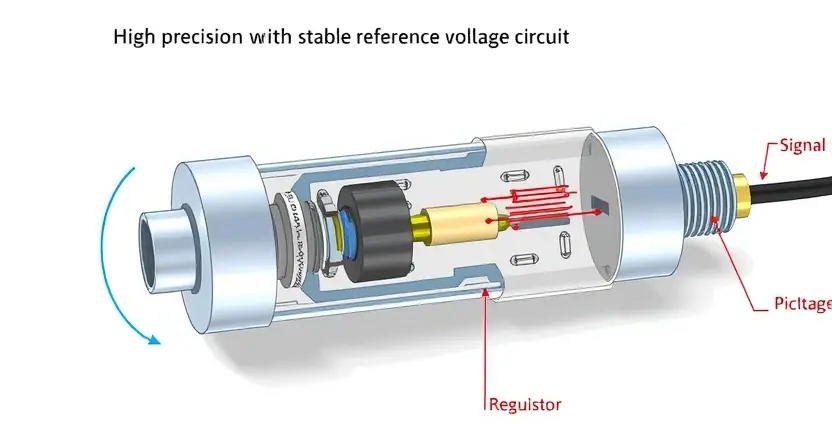 A high-precision sensor with a stable reference voltage circuit, depicted in a clean technical illustration style, showing internal components like voltage regulators, resistors, and signal pathways, on a neutral background with no text or labels