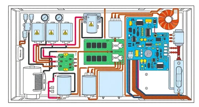 A detailed schematic diagram of a high-voltage battery system, highlighting various components like capacitors, inductors, and circuit boards. Focus on the internal structure and connections. Use a clean, technical illustration style.