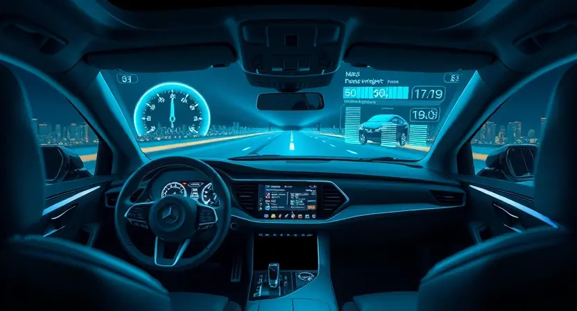 A futuristic car interior with a heads-up display (HUD) projecting information onto the windshield. The HUD should show navigation directions, speed, and other vehicle data. The car should be sleek and modern, with a focus on technological details.