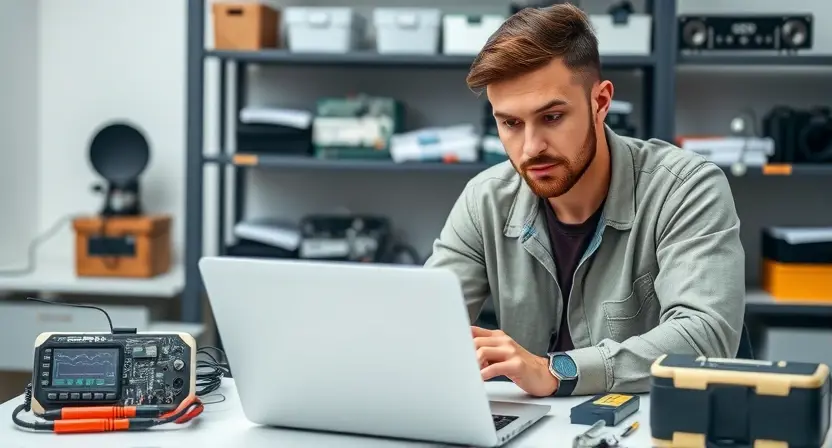 A modern workspace featuring a sleek laptop displaying a generic warning icon on its screen, surrounded by diagnostic tools such as a multimeter, circuit board, and a toolbox. A focused technician in casual attire examines the laptop, with subtle visual cues like faint glowing lines indicating data flow and a background of organized shelves with electronic components, conveying a professional and methodical approach to troubleshooting a technical issue.