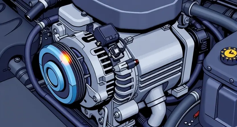 A detailed illustration of an automotive engine generator with a diagnostic light illuminated, showing potential voltage issues. The engine should be partially disassembled to reveal the generator and its wiring. Focus on the generator's internal components and the diagnostic light's indicator.