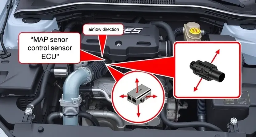 A detailed illustration of a car's engine bay, highlighting the Mass Airflow Sensor (MAP sensor) and its connection to the engine control unit (ECU). Include labeled diagrams showing airflow direction and sensor placement. Focus on the sensor's physical appearance and its position relative to intake manifold components.