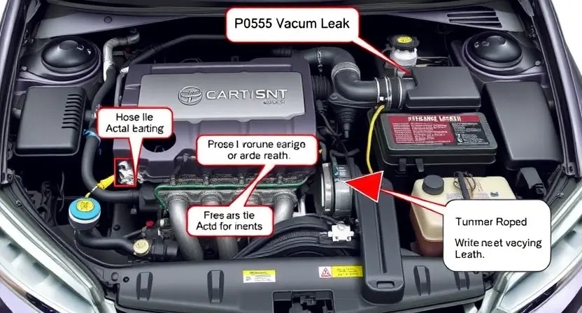 A detailed illustration depicting a car's engine bay with various components highlighted, focusing on the P0555 error code related to a vacuum leak. Include visual representations of hoses, sensors, and potential areas of leakage.