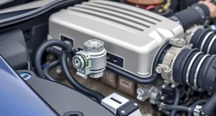 A detailed illustration of a car's engine bay, focusing on the wastegate solenoid. The solenoid should be clearly visible, with wiring and hoses connected. The background should be slightly blurred to emphasize the solenoid.