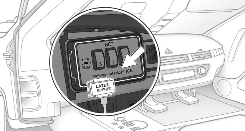 A detailed illustration of a car's body control module (BCM) with an arrow pointing to a sensor. The sensor should be clearly visible, showing its physical form and connection points. The background should depict a simplified automotive interior with subtle hints of wiring and other components. Focus on the sensor's role in monitoring the vehicle's body position.