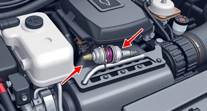 A detailed illustration of a car engine bay with a highlighted oxygen sensor. The sensor should be clearly visible, with arrows pointing to its location and surrounding components. Focus on the sensor's physical appearance and its connection to the engine. The background should show other engine parts, but the oxygen sensor should be the central element.