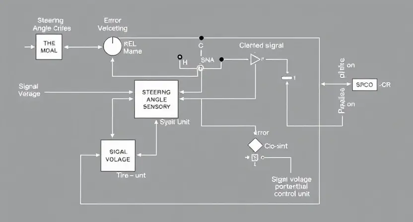 A detailed schematic diagram of an automotive steering angle sensor circuit. The diagram should clearly show the sensor, signal processing circuitry, and the connection to the vehicle's control unit. Include visual representations of the signal (voltage) and potential error conditions. Focus on clarity and technical accuracy.