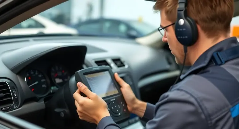 A mechanic using a specialized scan tool to diagnose a car's cruise control module. The mechanic is focused on the dashboard, with the scan tool connected to the car's OBD-II port. The car is in a well-lit garage setting. Focus on the scan tool interface and the connection to the car.