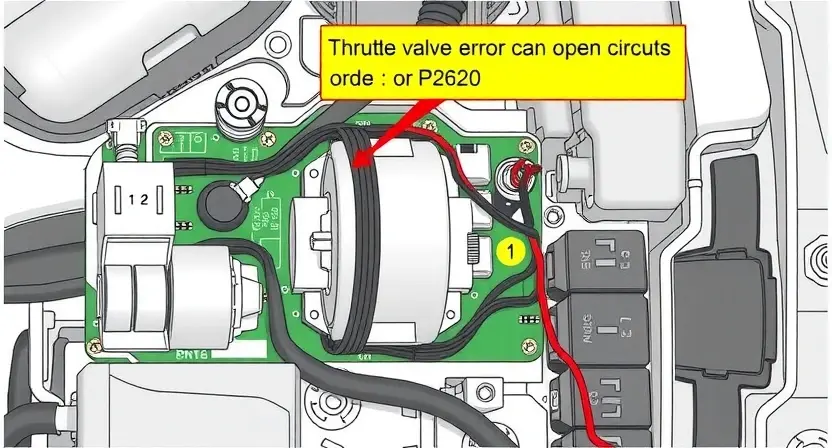 A detailed technical illustration of a car's throttle valve actuator circuit board, highlighting the P2620 error code indication. Focus on the wiring, components, and potential causes of the open circuit.
