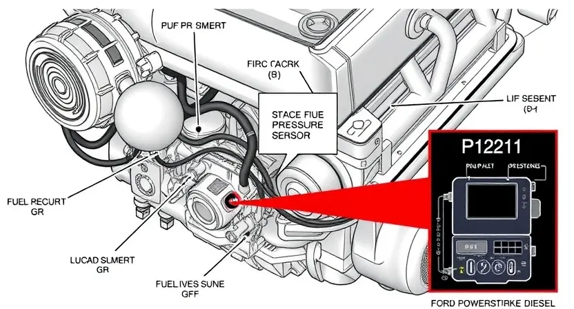 A detailed illustration of a Ford PowerStroke diesel engine's fuel injection system, highlighting the components related to the P1211 error code. Focus on the fuel pressure sensor and its connection to the engine control unit (ECU). Include clear labeling of key parts.