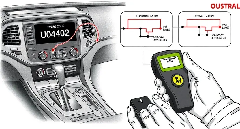A detailed technical illustration showing a car's onboard diagnostic system displaying error code U0402, with highlighted wiring harness and connector, schematic diagrams of communication lines, and a mechanic's hand holding a diagnostic scanner, all rendered in high-quality technical drawing style with clear labels and diagrams