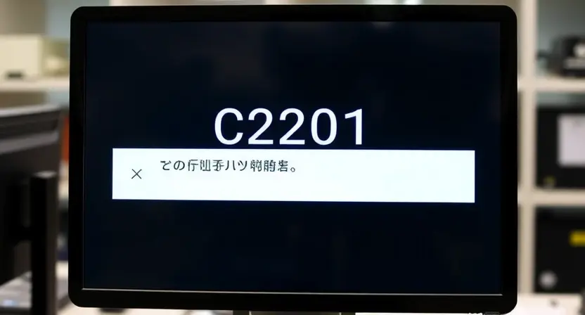 A computer screen displaying an error message 'C2201'. The error message should be prominently visible. The background should be a blurred office environment with a desk and computer equipment.