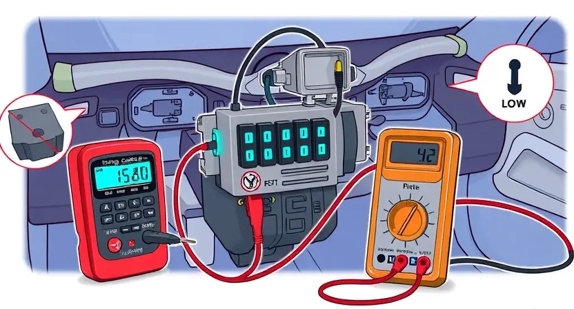 A detailed technical illustration of a vehicle's steering control module with visible electrical components, showing signs of low voltage such as dimmed indicator lights, a multimeter displaying low voltage reading near the module, and subtle warning symbols like a battery icon with an exclamation mark, all set in a clean automotive workshop environment with soft lighting and no text or labels on the image
