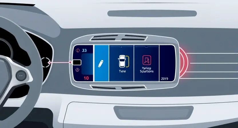 A high-quality technical illustration showing a vehicle's network diagram with a highlighted control module for parking systems, red warning icons indicating loss of communication, abstract lines representing broken connections, clean digital interface, minimalistic design, no text or numbers on the image