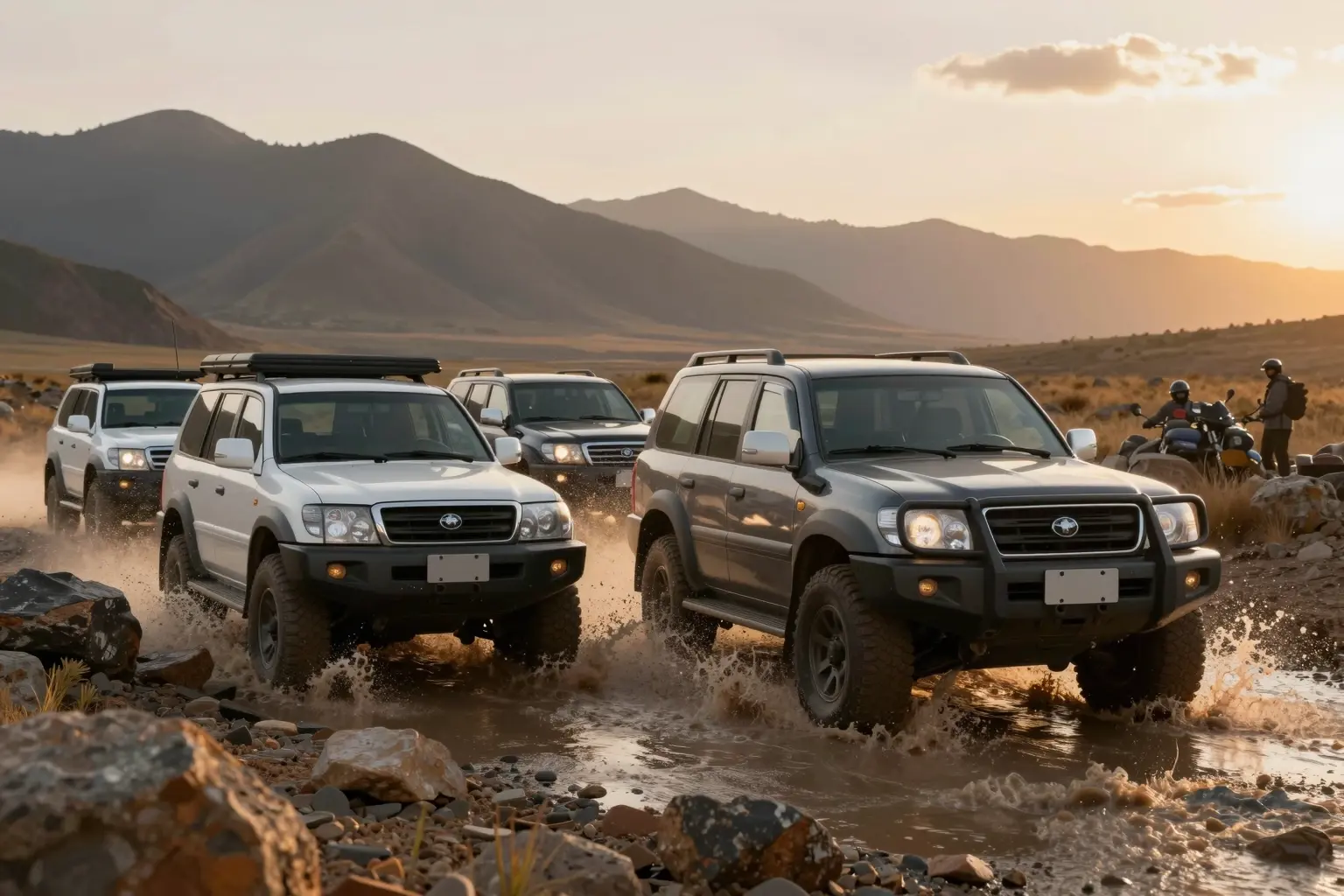 A group of rugged, durable SUVs driving through a challenging rocky off-road landscape, splashing through mud and water, showcasing their reliability and longevity, dramatic mountain scenery in the background, golden hour lighting, highly detailed