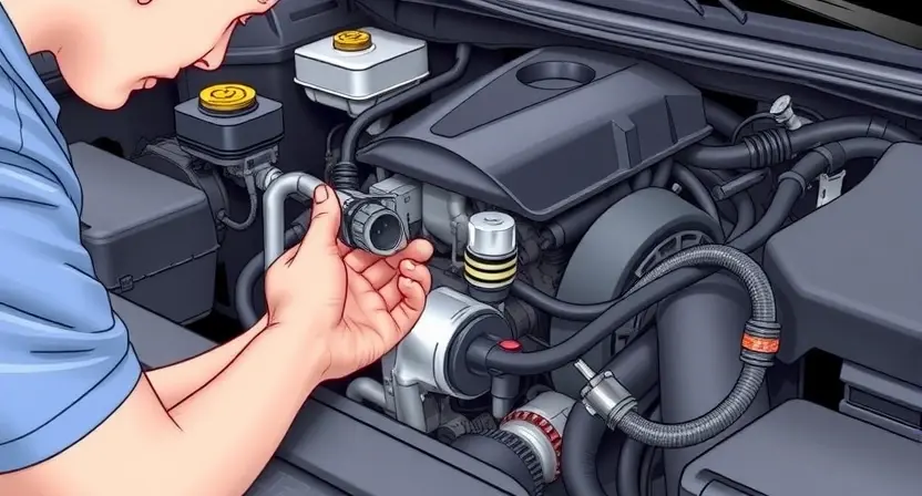 A close-up, detailed illustration of a car engine bay with a mechanic inspecting the throttle position sensor. The sensor should be clearly visible, with wires connected to it. Focus on the sensor and its immediate surroundings. The engine bay should be clean and well-lit, showcasing the components.
