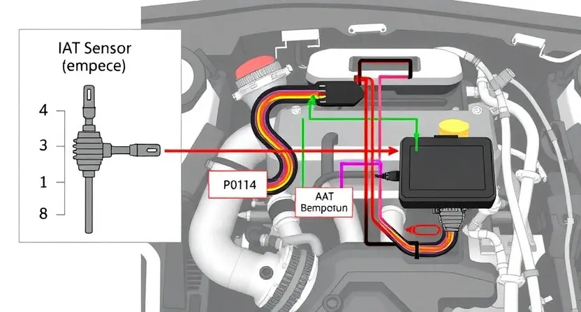 A detailed diagram illustrating the IAT (Intake Air Temperature) circuit in a car engine. The diagram should clearly show the IAT sensor, its connection to the engine control unit (ECU), and the relevant wiring. Highlight the potential points of failure that can cause a P0114 error. Use color-coding to differentiate components and wiring. The background should be clean and uncluttered, focusing on the circuit diagram.