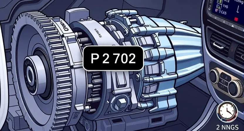 A detailed illustration of an automatic car transmission with a highlighted P2702 error code displayed on a digital dashboard. The transmission should be realistically rendered, showing gears, shafts, and internal components. The dashboard should be clean and modern.