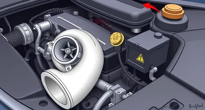 A detailed illustration of a car engine bay, focusing on the turbocharger and its associated sensor. The sensor should be clearly visible, connected to wiring and a data stream. Include visual cues indicating a potential fault, such as a slightly discolored sensor or a faint error code display. The background should be slightly blurred to emphasize the engine components.