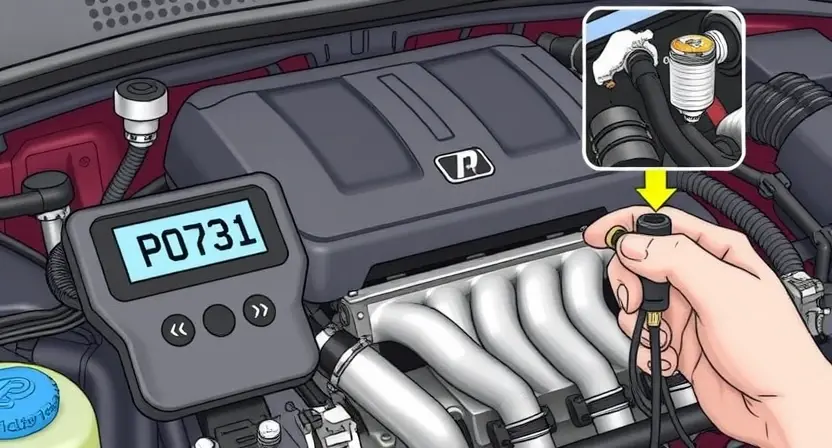 A detailed illustration of a car's engine bay with a diagnostic code reader displaying 'P0731'. The engine should be partially visible, showcasing key components like the exhaust manifold and catalytic converter. Focus on clarity and technical accuracy.
