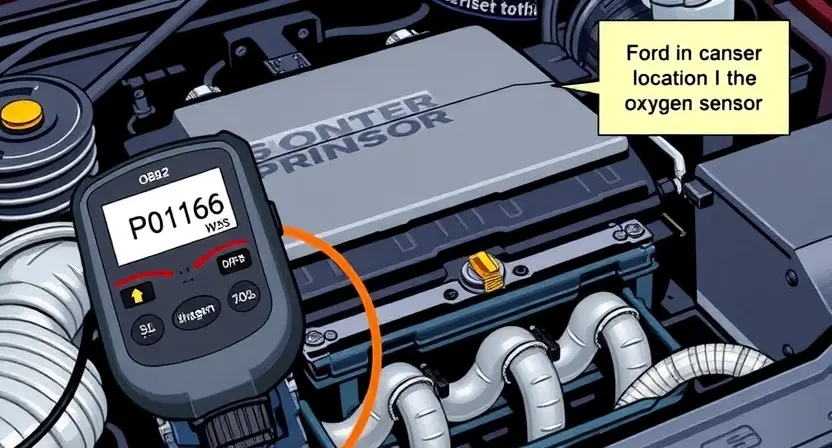 A detailed illustration of an OBD2 scanner connected to a car's diagnostic port. The scanner's screen displays a P0166 error code. Around the scanner, show a car engine bay with various sensors and components. Include a visual representation of the oxygen sensor and its location in the exhaust system.