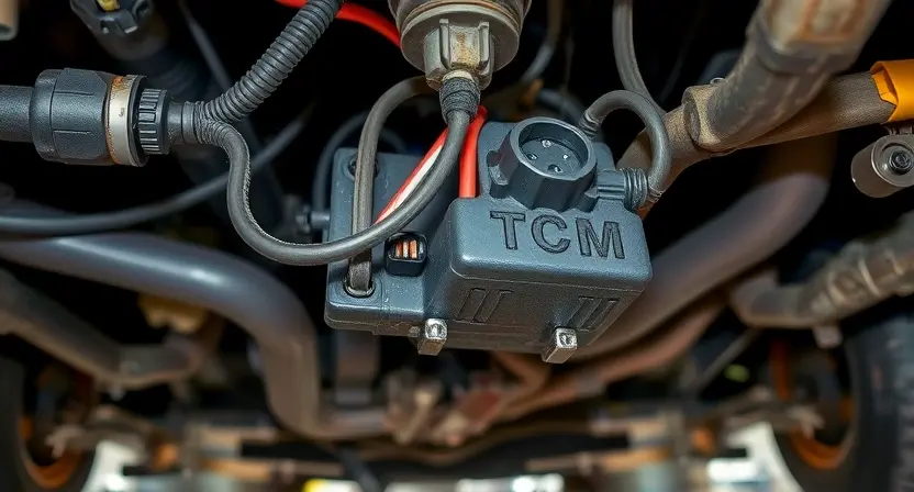 A close-up image depicting a car's undercarriage, specifically focusing on the TCM (Transmission Control Module) and its associated wiring harness and connectors. The image should clearly show potential areas of concern like frayed wires, loose connections, or corrosion. The background should be blurred to emphasize the TCM and wiring. Focus on the physical components and their condition.