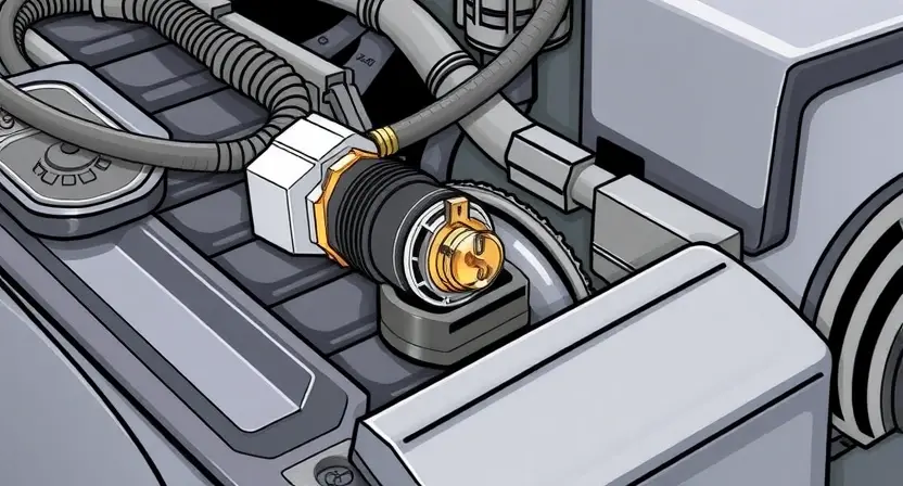 A detailed illustration depicting a malfunctioning temperature sensor in a car's engine bay. The sensor should be visibly damaged, perhaps with a broken wire or corroded connections. The background should show a close-up of the engine components, highlighting the sensor's location. Focus on conveying the technical issue and potential consequences of a faulty sensor.